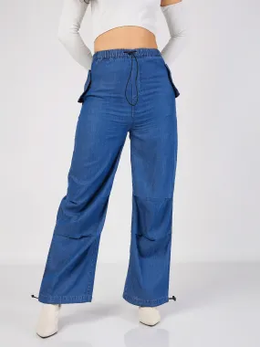 Women Blue Denim Baggy Fit Cargo Pants