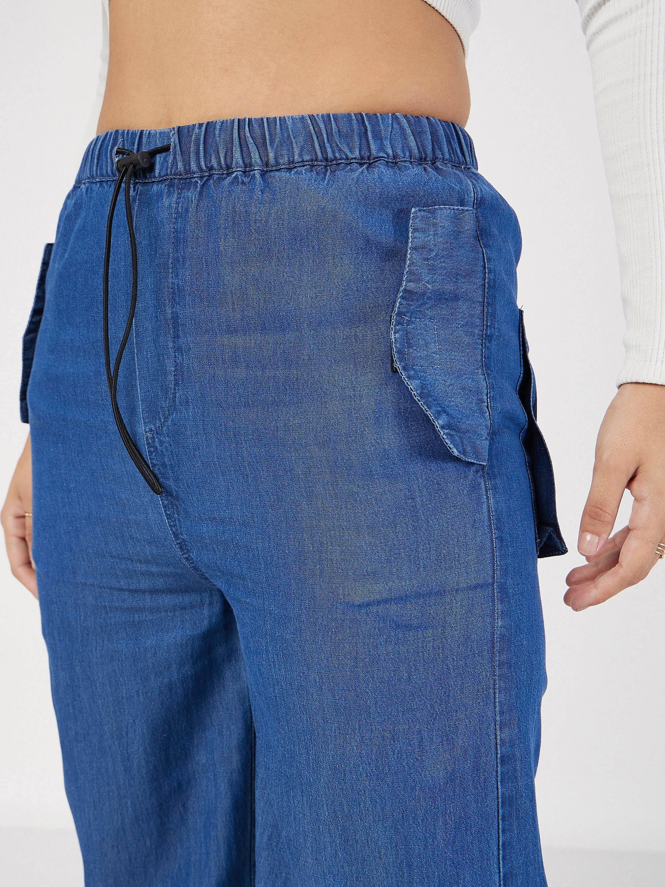 Women Blue Denim Baggy Fit Cargo Pants